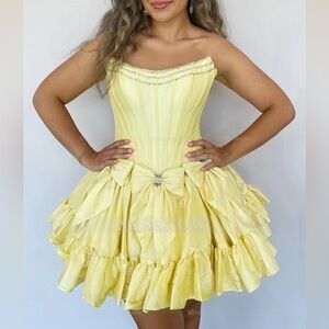 Sherri Hill Yellow Strapless Mini Dress with Bows and Rhinestones